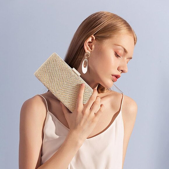 ⚡ Women\'s Sparkly Rhinestone Glitter Metal Clasp Chain Evening Gold Clutch Bag